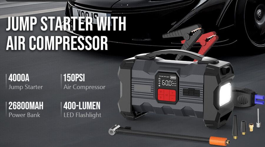 Booster Batterie Voiture avec Compresseur d'air 150PSI, Démarreur