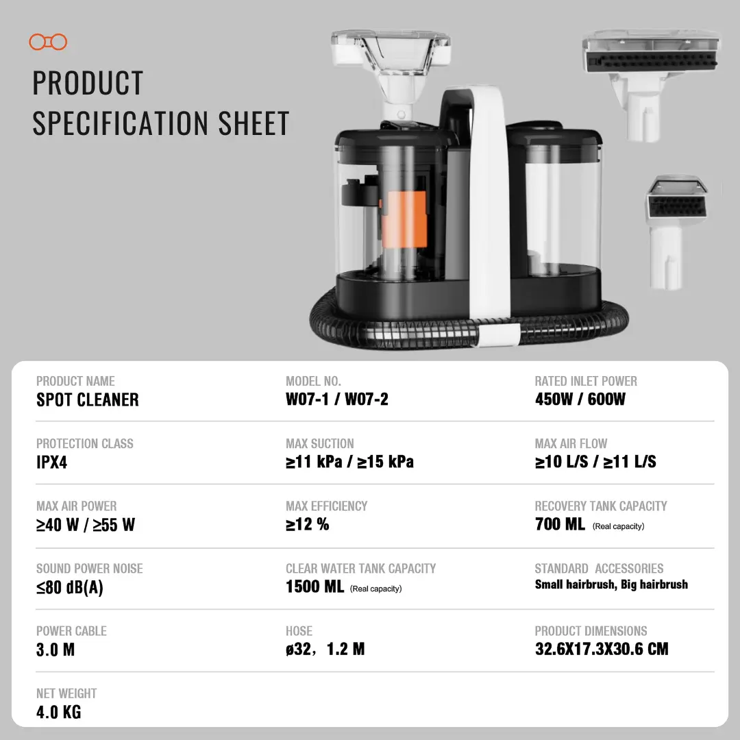 Product specification sheet showing all accessories and components